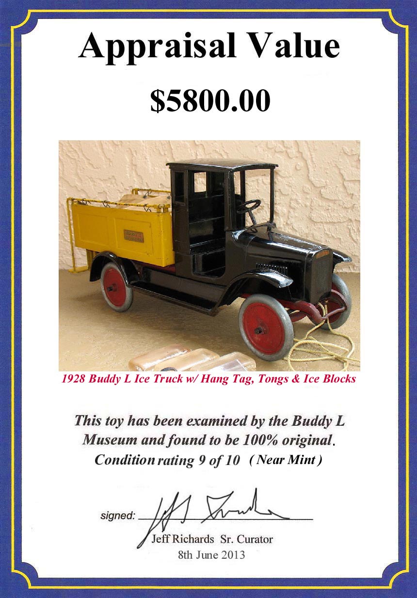 antique buddy l ice truck with buddy l ice tongs, buddy l toys for sale free confidential appraisals,  free toy appraisals, buddy l ice blocks, and buddy l hang tag Vintage space toys wanted