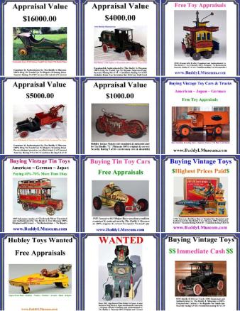 Buying antique toys Buddy L Museum world's largest buyer of vintage and antqiue toys. Free Expert Toy Appraisals. Email pictures of all your old toys for sale. Free confidential toy appraisals. Absolute highest prices paid. Buying German American Japan antique toys